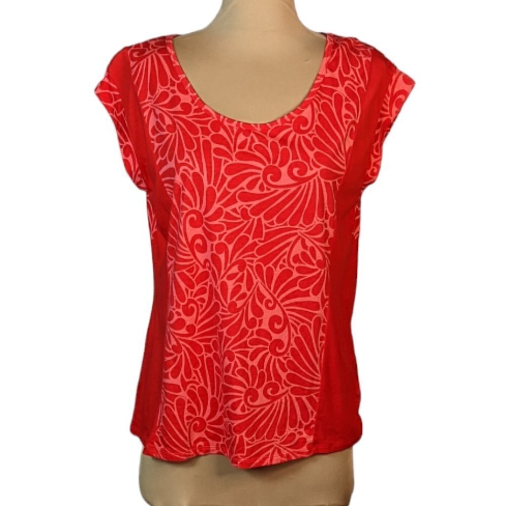 LIZ CLAIBORNE Scoop Neck Cap Sleeve T-Shirt Red and Orange Pattern Size Large
